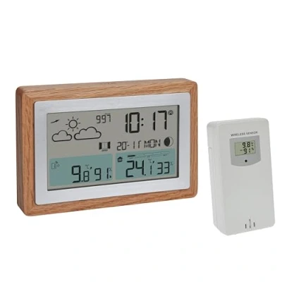 Abbildung von TFA Dostmann Funk Wetterstation mit Außensensor OAK, 35.1167.54, Wettervorhersage, Holz Rahmen, Innen und Außentemperatur, Lüftungsempfehlung, dimmbar, inkl Wecker, digital, braun