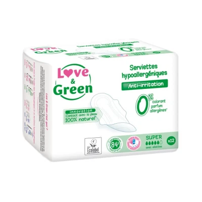 Abbildung von Love &amp; Green Binden, 0 % Schleier aus Kunststoff, Farbe, Parfum, Lotion, Allergene, 12 Stück