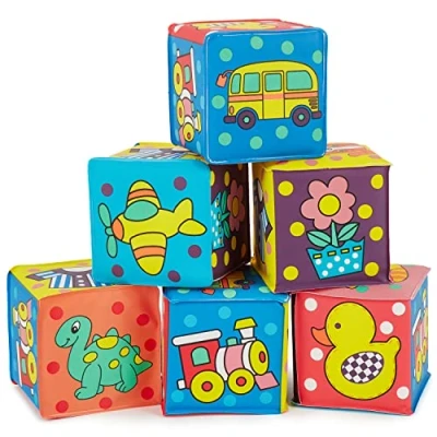Abbildung von Bieco Stapelspielzeug Baby Würfel Set 6er Pack Spielzeug ab 3 Monate Bunte Stapelwürfel Motorikspielzeug Weiche Bauklötze Spielwürfel zum Baden Stapelturm Motiv Zuordnungswürfel