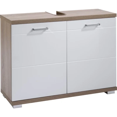 Abbildung von byLIVING Waschbeckenunterschrank NEBRASKA, Korpus Melamin Oberfläche in Sonoma Eiche, Türen MDF Hochglanz lackiert. Füße und Griff verchromt, Holzwerkstoff, Braun weiß, Breite 80 cm