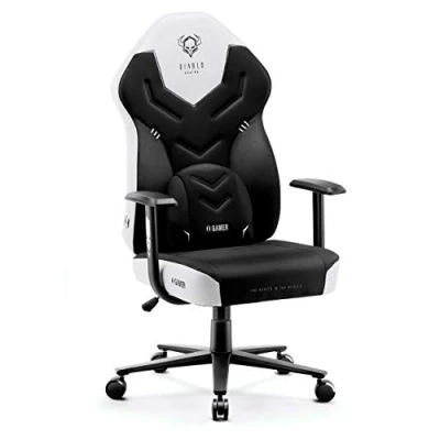Abbildung von Diablo X Gamer 2.0 Gaming Stuhl Bürostuhl Stoffbezug Ergonomisches Design Lendenwirbelkissen Softpadauflage (Schwarz Weiß)