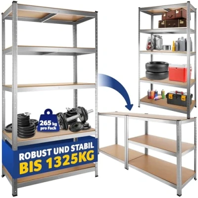 Abbildung von tectake® Werkstattregal, Schwerlastregal mit 5 Böden, belastbar bis 1325kg, Lagerregal, Kellerregal, Zubehör für Garage, Organizer Abstellraum, Steckregal, Aufbewahrung, Lastenregal