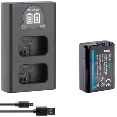 Abbildung von blumax Akku Ersatz für Sony NP FW50 [ 1080mAh ] + Mini LCD Dual Charger Alpha 7 7II 7R 7S II 6300 6500 / NEX F3 DSC RX10 IV // ZV E10
