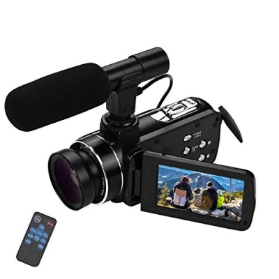 Abbildung von Andoer HD Videokamera, 4K Full HD, CMOS Sensor, 18 x Digital Zoom Kamera, 3,0 Zoll LCD, mit 0,45 fachem Weitwinkelobjektiv und Mikrofon