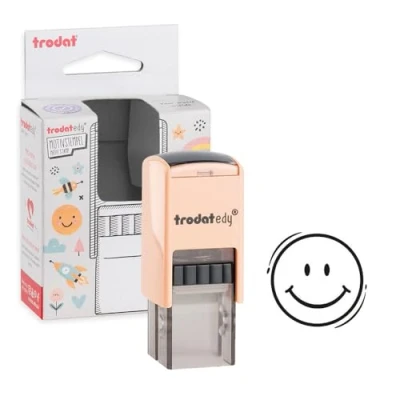 Abbildung von Trodat edy Motivstempel Smiley selbstfärbendes Stempelset in Pastell Creme, Abdruck Schwarz, 20 x mm, für Lehrer, Pädagogen, Eltern und alle, die mit Herz motivieren belohnen.
