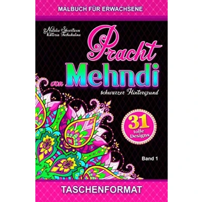 Abbildung von Pracht von Mehndi: Taschenformat. Schwarzer Hintergrund. Anti Stress Malbuch Erwachsene mit Henna Tattoos, tierische und florale, individuelle geometrische Ornamente, Muster Paisleymuster
