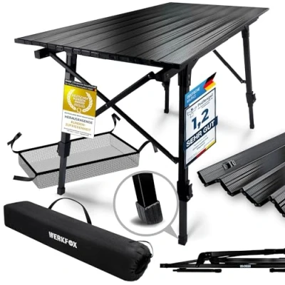Abbildung von Werkfox Camping Tisch Klapptisch Klappbarer Multifunktionstisch Mehrzwecktisch; Höhenverstellbarer Falttisch mit aufrollbarer Tischplatte (90x51cm) &amp; Tragetasche; belastbar bis 30kg
