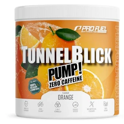 Abbildung von PUMP Booster3 ohne Koffein ORANGE 440g TUNNELBLICK® Matrix mit Citrullin, Arginin, Taurin, Tyrosin und Pflanzenextrakten hochdosierter Pre Workout koffeinfrei 100% vegan