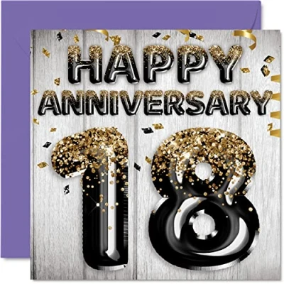 Abbildung von Tolle Karte zum 18. Jahrestag für Ehemann Freund Ehefrau Freundin schwarz goldene Glitzer Luftballons Happy 18 Anniversary Cards from Family 145 mm Grußkarten achtzehnte Jubiläen