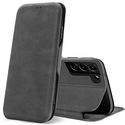 Abbildung von Verco Handyhülle für Samsung S21 FE, Bookstyle Premium Handy Flip Cover Galaxy FE Hülle [integr. Magnet] Book Case PU Leder Tasche, Grau