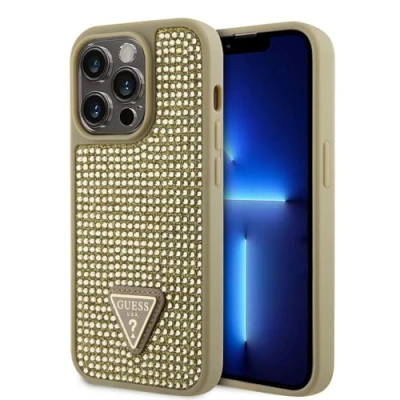 Abbildung von CG Mobile Guess Strass Hülle mit Dreieck Logo für iPhone 15 Pro Gold
