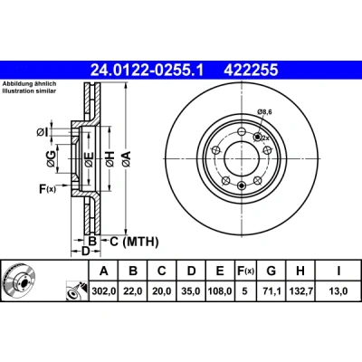 Abbildung von ATE 24.0122 0255.1 Bremsscheibe 302,0 22,0 5 108,0 Belüftet beschichtet CITROËN: C6 Limousine