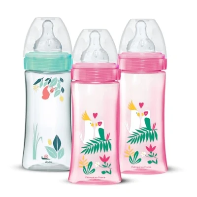 Abbildung von DODIE Anti Kolik Flaschen, rund, 330 ml + 6 Monate, 3 Geschwindigkeitsstufen, Rosa und Grün, Stück