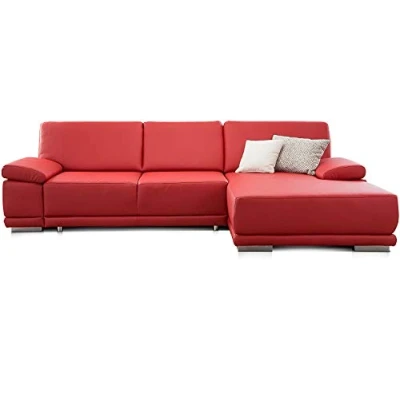 Abbildung von CAVADORE Ecksofa Corianne mit Schlaffunktion / Bettsofa in L Form im modernen Design, inkl. Armteilverstellung und Longchair 282 x 80 162 Kunstleder, rot