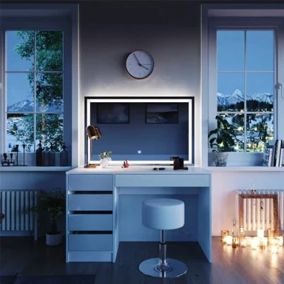 Abbildung von Vicco Schminktisch Sherry, Weiß Hochglanz, 120 cm mit LED Spiegel und Hocker