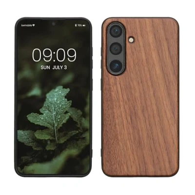 Abbildung von kwmobile Hülle kompatibel mit Samsung Galaxy S25 Holz Case stoßfestes Handy Cover TPU Handyhülle in Dunkelbraun