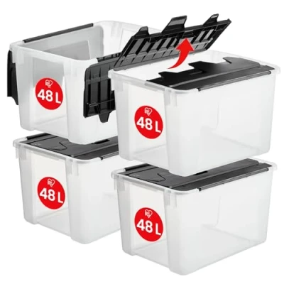 Abbildung von Iris Ohyama, Kunststoff Aufbewahrungsbox mit Flügeldeckel, 48L, 4er Set, Transparent, BPA frei Griffen, Stapelbar und nestbar, Solide Organisation, Schlafzimmer, Ankleidezimmer, Büro, CWL 48