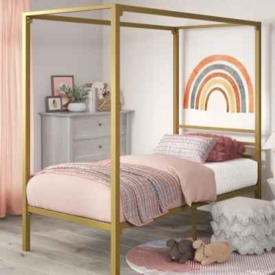 Abbildung von Zinus Patricia Bett 100x200 cm Höhe 36 mit Stauraum unter dem Metall Himmelbettgestell Stahl Lattenrost Gold