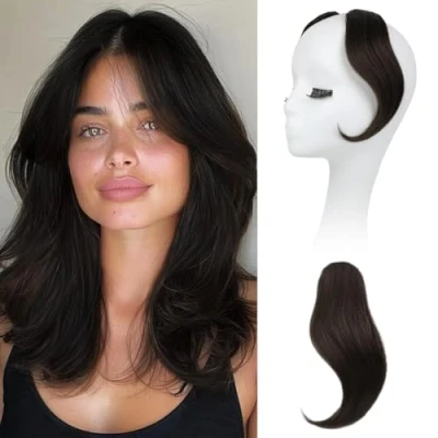 Abbildung von Side Bangs Clip In Pony, 2Pcs Echthaar Fringe Hair Extensions, Haarteil für Frauen, Natürliches Aussehen