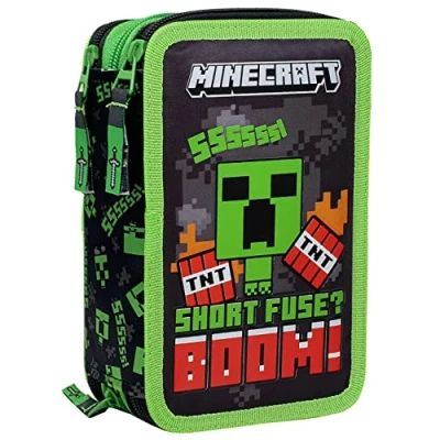 Abbildung von Clondo Jungen Federmäppchen 3 Fach gefüllt, Für Minecraft Fan, 45 TLG., Grun, Radierbare Gelstifte, Filzstifte, Buntstifte, Schere, Kleber, Mit Reißverschlussfächern
