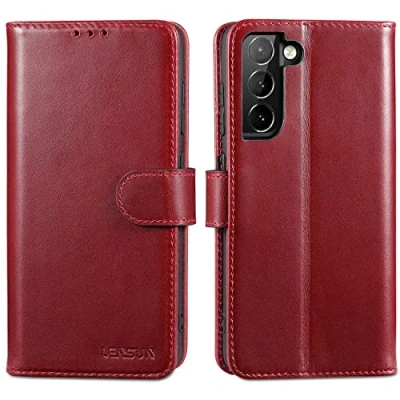 Abbildung von LENSUN Echtleder Hülle für Samsung Galaxy S21 FE, Handyhülle [Premium Echtes Leder] [Kartenfach] [RFID Blocker] Handytasche Lederhülle FE 5G Weinrot