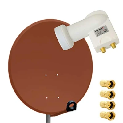 Abbildung von PremiumX Satelliten Komplettanlage 80cm Satellitenschüssel Aluminium Ziegelrot Twin LNB 4X F Stecker, SAT bis 2 Teilnehmer