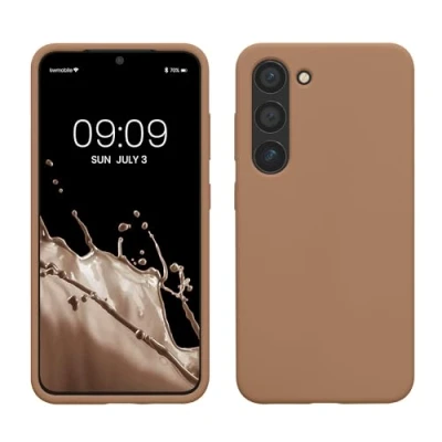 Abbildung von kwmobile Hülle kompatibel mit Samsung Galaxy S23 dünnes Silikon Handy Case stoßfeste Handyhülle weiche Oberfläche Kabelloses Laden Cappuccino