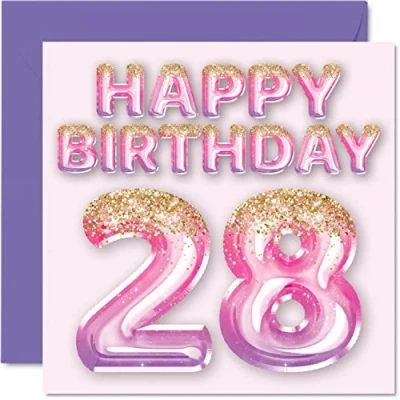 Abbildung von Geburtstagskarte zum 28. Geburtstag für Frauen rosa und lila Glitzerballons Happy Karten 28 Jahre alte Frau Tochter Schwester Tante Cousin, 145 mm x Geburtstagskarten Geschenk
