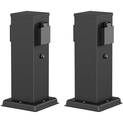Abbildung von ledscom.de 2 Stück Garten Steckdosensäule Polly für außen, IP44, Dämmerungssensor, Fach, Edelstahl, schwarz, eckig, 27 cm