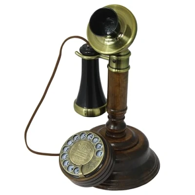 Abbildung von Opis 1921 Cable Modell C: Kerzenhalter Retro Telefon mit Wählscheibe im Antik Stil wie EIN Historisches Nostalgie Vintage Festnetztelefon aus Holz Schnur und Metallglocke
