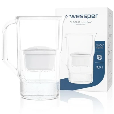 Abbildung von Wessper Wasserfilter Kanne 3,3 liter, mit LED Zählwerk, Wasser Karaffe Filter, Aktivkohle Kartusche Reduziert Kalk und Chlor, BPA Free Filterkanne Weiß