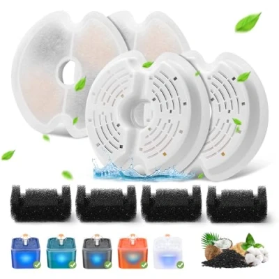 Abbildung von Filter für Katzenbrunnen, 4 Stück Ersatzfilter Trinkbrunnenfilter Katzenbrunnen 67oz/2L mit LED Nachtlicht, &amp; Vorfilterschwämme 2L Edelstahl Brunnen
