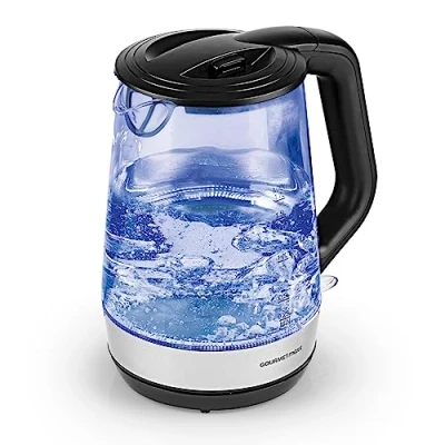 Abbildung von GOURMETmaxx Glas Wasserkocher mit LED Beleuchtung Teekocher Schnellkochfunktion Kalkfilter, 250 ml bis 1,7 Liter Skala [1,7 L Fassungsvolumen &amp; 2200 Watt]