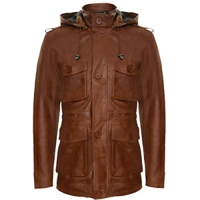 Abbildung von Infinity Leather Herren Bräunen Kapuzenleder Mehrere Taschen Duffle Regenmantel Mit Kordelzug 5XL