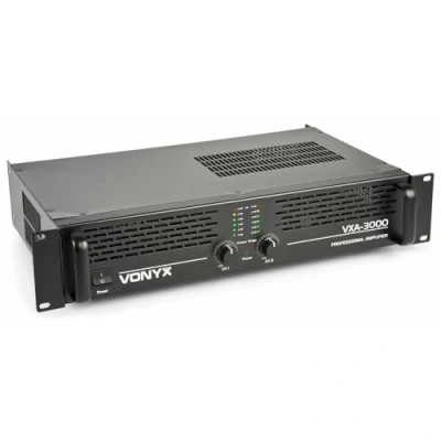 Abbildung von Vonyx VXA 3000 PA Endstufe Hifi Watt Verstärker mit Brückenschaltung, 2x1500W Stereo Amplifier, SMT Technologie, 19 Zoll Rack fähig, 6,3 mm Klinke, RCA Cinch, NL2, 4 Ohm, 8 Ohm Schwarz
