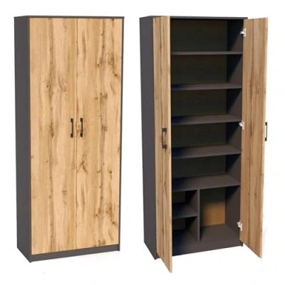 Abbildung von Mehrzweckschrank mit 8 Fächern Besenschrank Haushaltsschrank in mattem Finish 6 Einlegeböden und 2 Türen, 74 cm breit aus Laminatplatte hochwertigen Polymergriffen graphit Eiche