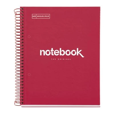 Abbildung von Miquelrius Notizbuch A5 Notebook, 1 farbiger Streifen, 80 Blatt mit raster 5 x mm, Papier 90 g/m² mikroperforiert 2 Bohrungen für Ringe, Einband aus Karton, Farbe Rot