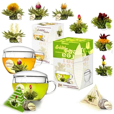 Abbildung von Creano 2x Teeblumen Geschenkset Teelini Grüner + Weißer Tee mit je 8 Teeglas 200ml