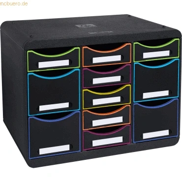 Abbildung von Exacompta 313914D Ablagebox Harlekin aus Recycling Kunststoff mit 11 individuell platzierbaren Schubladen. Schubladenbox im Querformat für mehr Ordnung. Store Box Multi Blauer Engel schwarzbunt