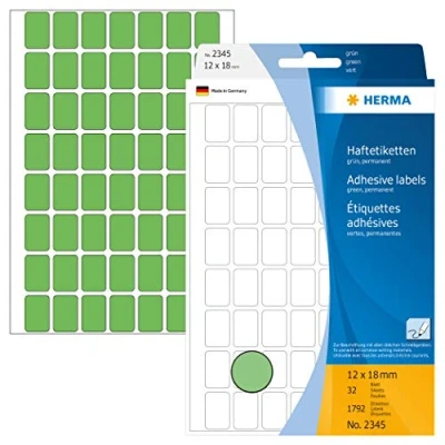 Abbildung von HERMA 2345 Vielzweck Etiketten, 1792 Stück, 12 x 18 mm, 56 pro Bogen, selbstklebend, Haushaltsetiketten zum Beschriften, matt, blanko Papier Klebeetiketten Aufkleber, grün