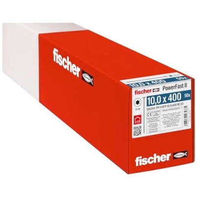 Abbildung von fischer PowerFast II WTP 10,0 x 400, kraftvolle Holzbauschraube mit Tellerkopf, Innenstern Aufnahme und Teilgewinde, für den konstruktiven Holzbau, 50 Stk.