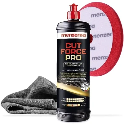 Abbildung von Menzerna Cut Force Pro Auto Politur Set 1000ml 3in1 All in One Autopolitur zum Kratzer entfernen Profi Step Polierpaste Schleifpaste für alle Lackarten + Heavy Polierpad Poliertuch 380GSM