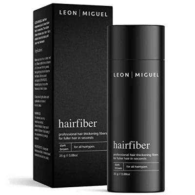 Abbildung von LEON MIGUEL Hair Fiber Haarverdichtung Premium Streuhaar/Schütthaar mit Soforteffekt bei Geheimratsecken, Haarausfall und lichtem Haar Haarpuder 25g (Dunkelbraun)