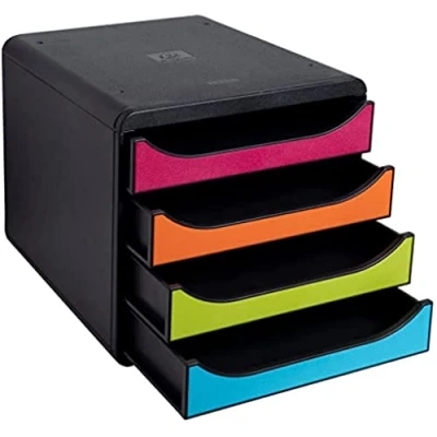 Abbildung von Exacompta 310498D Premium Ablagebox mit 4 Schubladen für DIN A4+ Dokumente. Belastbare Schubladenbox hoher Kapazität mehr Platz auf dem Schreibtisch Big Box Iderama SchwarzBunt