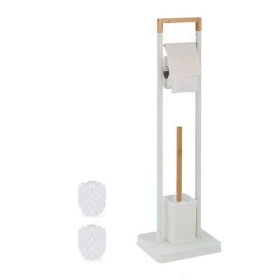 Abbildung von Relaxdays WC Garnitur, Bambus, Edelstahl, freistehender Klopapierhalter, Toilettenbürste mit Bürstenhalter, weiß/natur