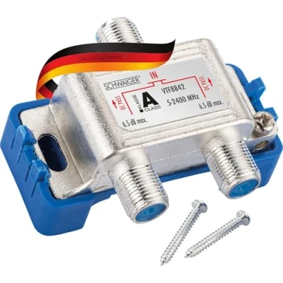 Abbildung von Schwaiger SAT Verteiler 719482 (verteilt ein Single auf zwei Teilnehmer), f?r Kabel , Antennen und Satellitenanlagen