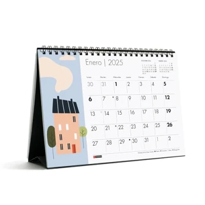 Abbildung von Miquelrius Tischkalender 2025, A5 Kalender 210 x 148,5 mm, mit Notizfeld, Doppelspiralbindung, Jahreskalender für den Schreibtisch, Spanisch, Design Häuser