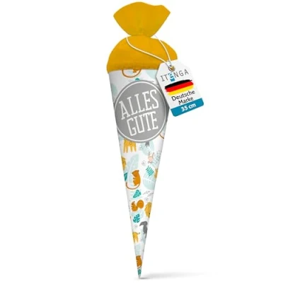 Abbildung von itenga Geschwisterschultüte 35cm Tiere Tiermuster Geschenkverpackung Schultüte Zuckertüte Filzverschluss Kinder Erwachsene (Afrikanische mit Text Alles Gute)