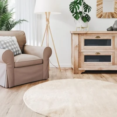 Abbildung von Interiyou Kurzflorteppich Fargo 200x200 cm Rund Beige Flauschiger Fellteppich aus Kunstfell waschbar und rutschfest weicher Langflor Fell