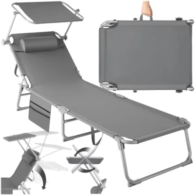 Abbildung von tectake® Sonnenliege klappbar, tragbar, Liege mit Seitentasche, Strandliege, Gartenliege Dach, Liegestuhl Verstellbarer Rückenlehne, inkl. Kopfkissen für Balkon, Terrasse, Camping grau